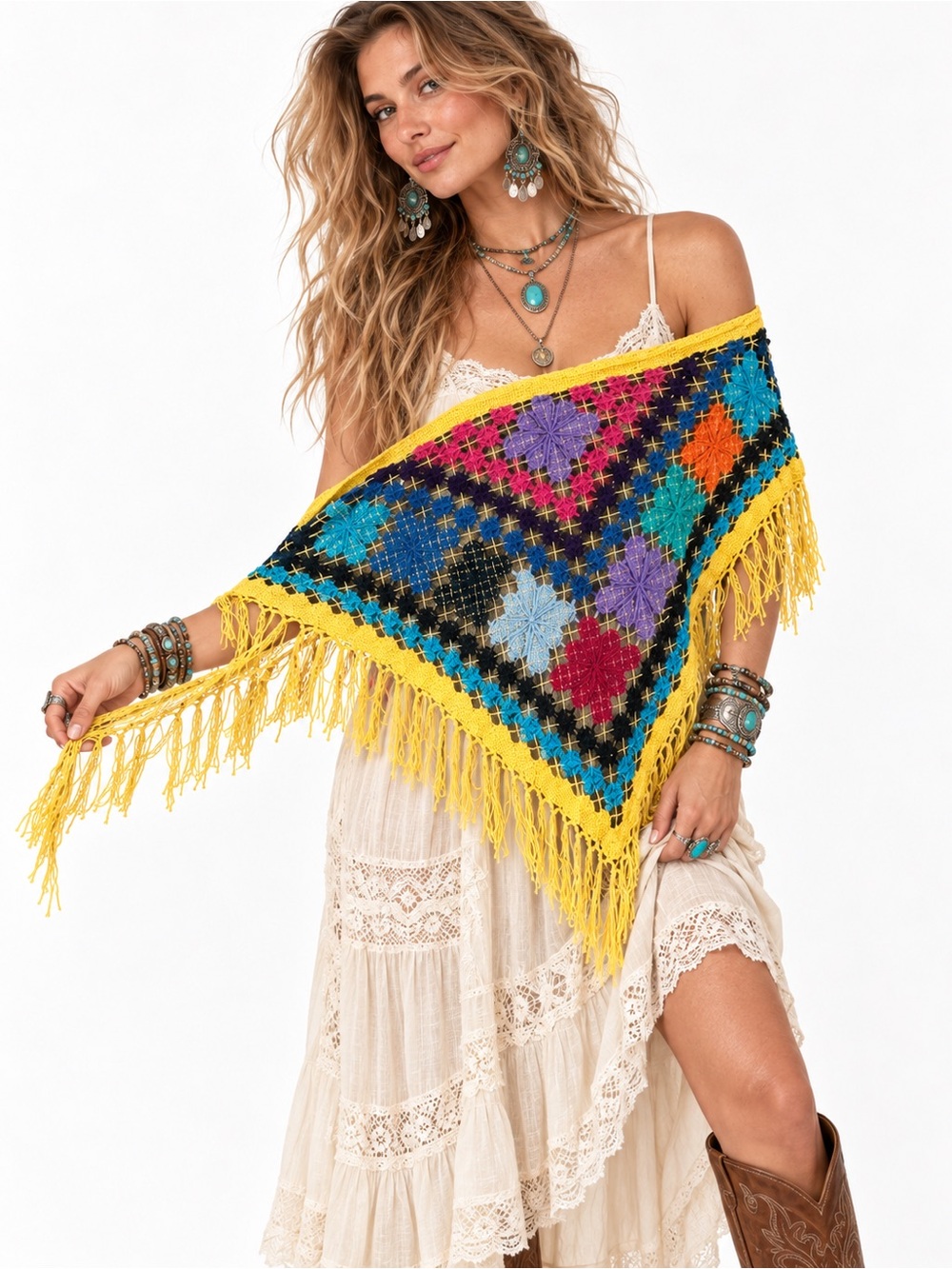 Lucky Brand Shawl Crochet Fringe Wrap Boho  Style OS